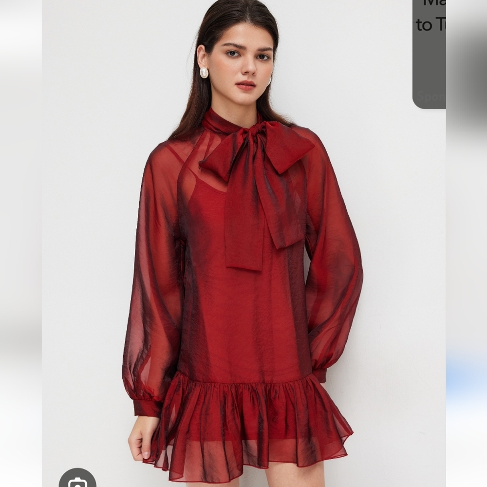 Cider Elegant Stand Collar Bowknot Red Sheer See-through  Mini Dress XS